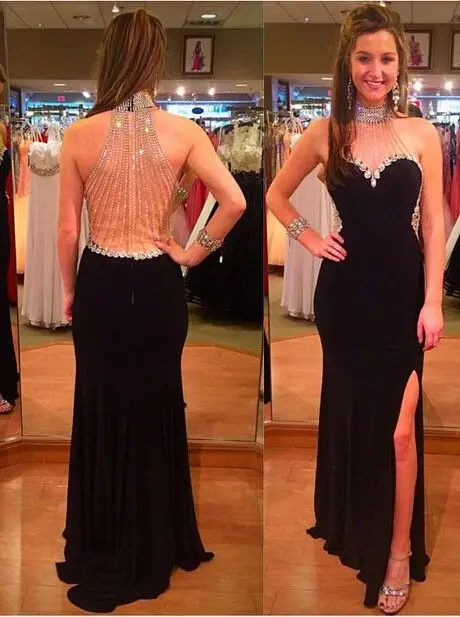 

2016 Black High Neck Mermaid Long Evening dresses Plus Size Sheer Back Beaded Sleeveless Prom Gown Party Dress Vestido de noche