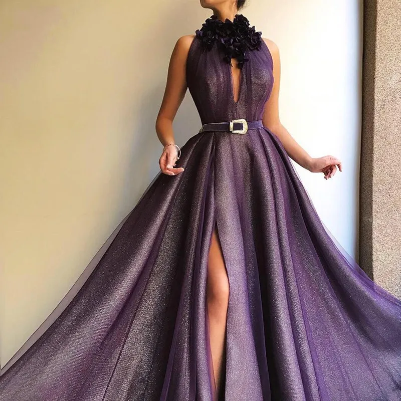 

Purple Muslim Evening Dresses 2019 High Neck A-Line Tulle Slit Islamic Dubai Saudi Arabic Long Evening Gown with Belt Prom Dress