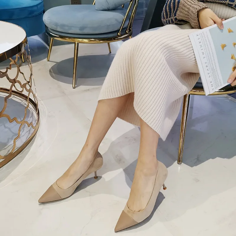 

2019 spring and autumn new pointed stitching single shoes shallow mouth suede ladies high heel wild.