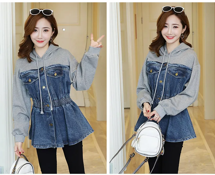 New Spring Fashion Loose Denim Patchwork Hooded Sweatshirts Slim Waist Students Hoodies Casual Tops for Women