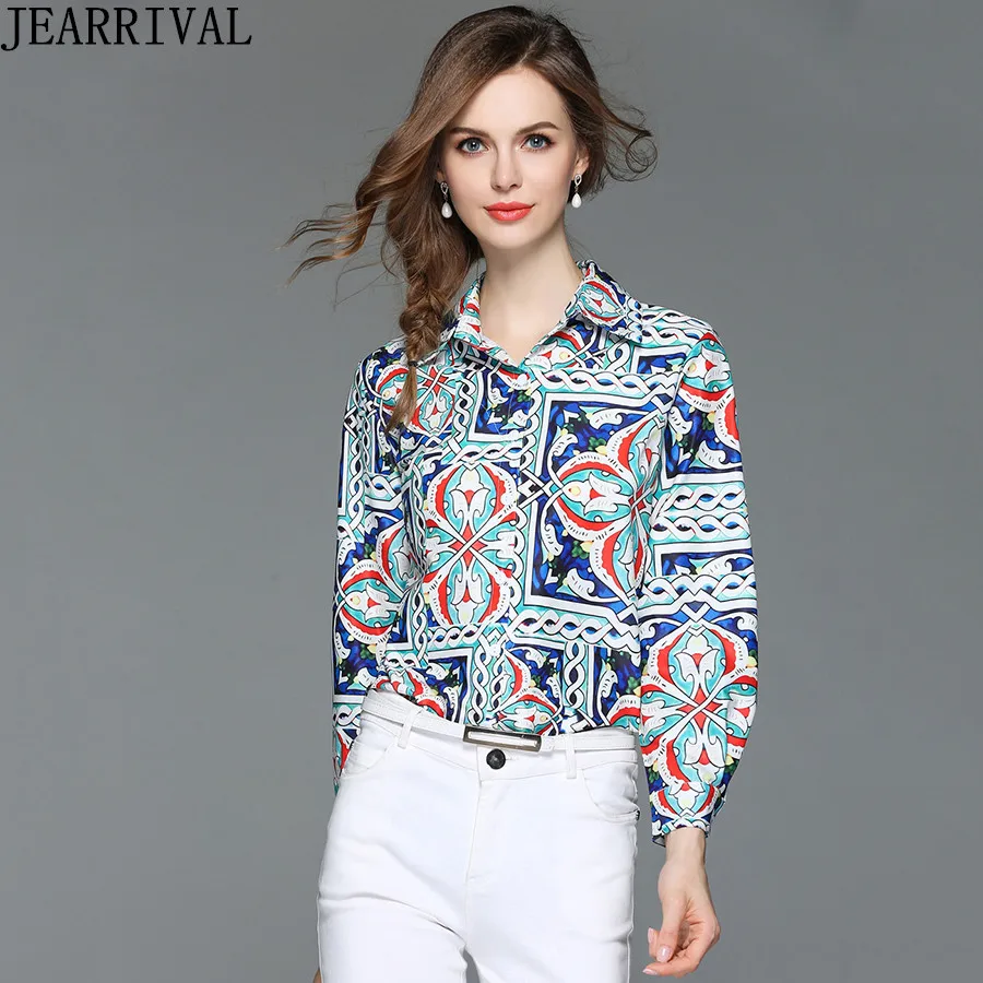

2018 New Fashion Vintage Print Casual Blouse Women's Long Sleeve Turn-down Collar Gorgeous Tops Work Office Shirt Blusas