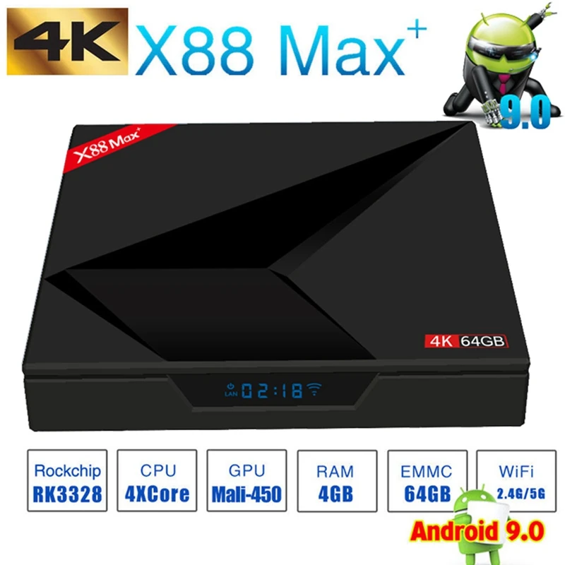 Android 9,0 Tv Box 4 ГБ ОЗУ 64 Гб ПЗУ X88 Max Plus Rk3328 четырехъядерный процессор type-C 2,4G/5 ГГц двойной Wifi Bt4.0 4K смарт-приставка