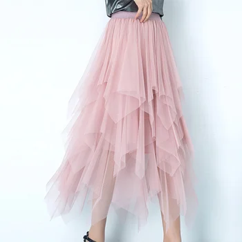 

Women's Chiffon High Waist Pleated A-Line Skirts Mesh Solid Ladies Midi Skirt 2020 Summer Fashion Elegant Dance Female Bottoms