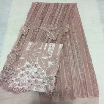 

Nigerian Lace Fabrics 2018 African French Lace Fabric Pink Embroidered French Tulle Fabric with Beads+stones For Party GL87-2