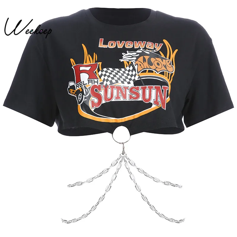 

Weekeep Black Streetwear Metal Chain Patchwork t shirt Women Printed O-neck Short Sleeve t-shirt 2019 Fashion Tee Shirt Femme