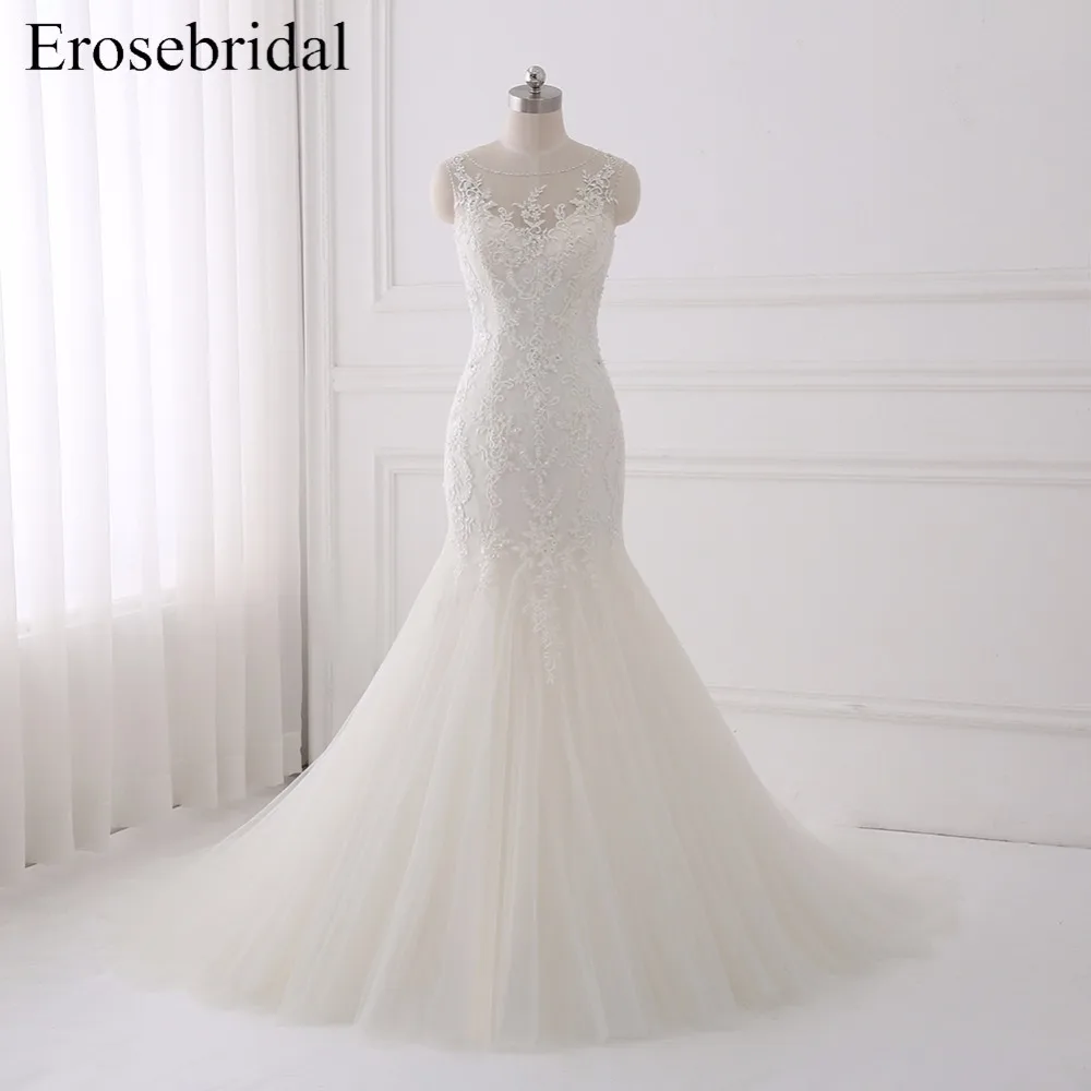 

Mermaid Wedding Dresses Erosebridal 2019 Plus Size Wedding Dress Lace Bridal Gown Sleeveless Vestido De Noiva B-T656 Button