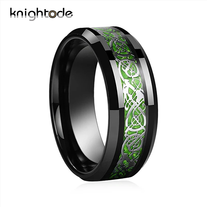 

Knightode Men Women Tungsten Carbide Wedding Ring Silver Dragon Inlay Based Green Carbon Fiber Comfort Fit