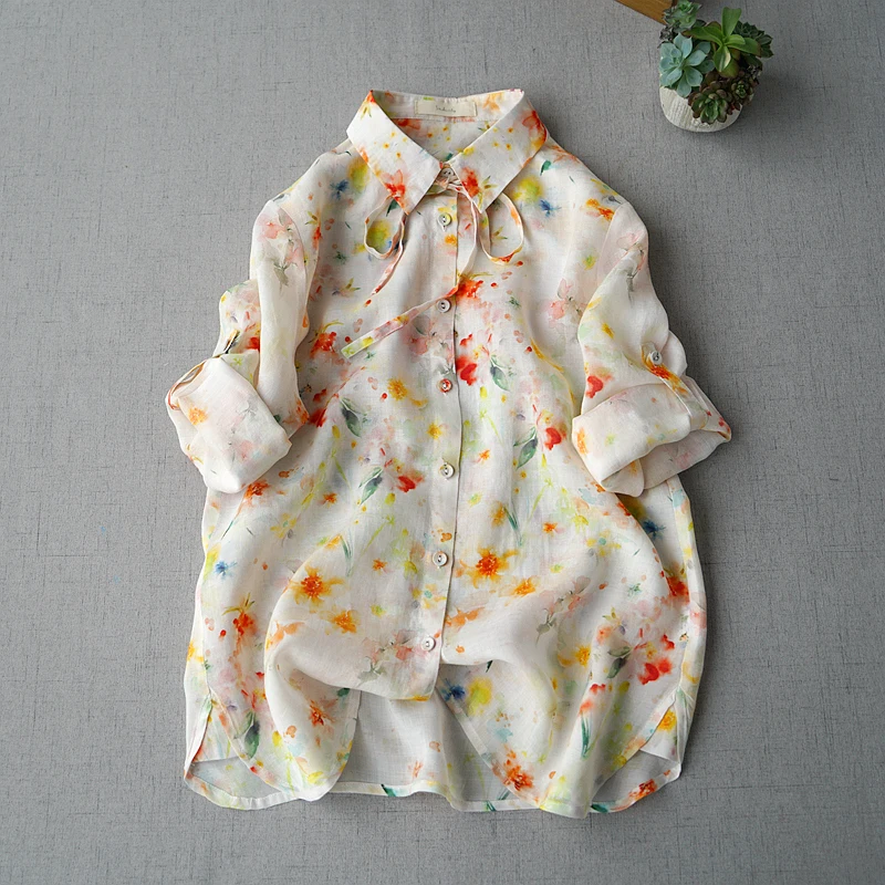 

Summer Women Loose Plus Size Floral Print Comfortable Sunscreen Thin Ramie Shirts/Blouses