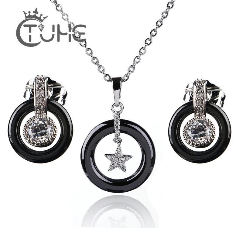 

2018 New Star Pendant Necklace Stud Earrings Plus Big Crystal Black Round Circle Ceramic Jewelry Sets for Women Christmas Gift