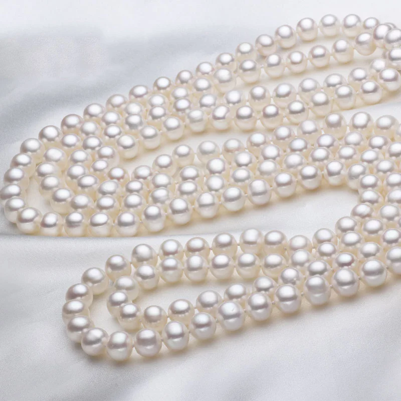 

fine JEWELRY 100% natural freshwater 8-9MM pearl necklace sweater chain long genuine female light mother gift 200CM