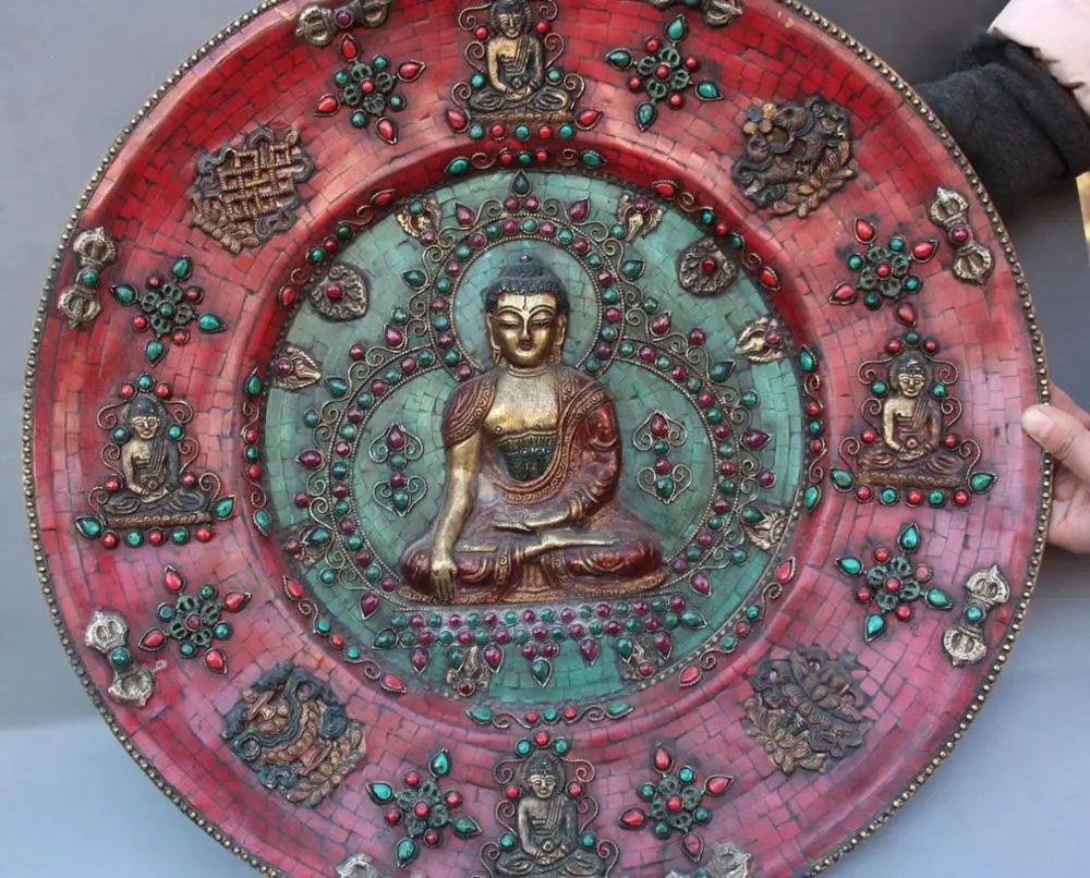 

Old Turquoise Coral Gem Painting 8 Symbol Shakyamuni Fa Qi Plate Folding Screen