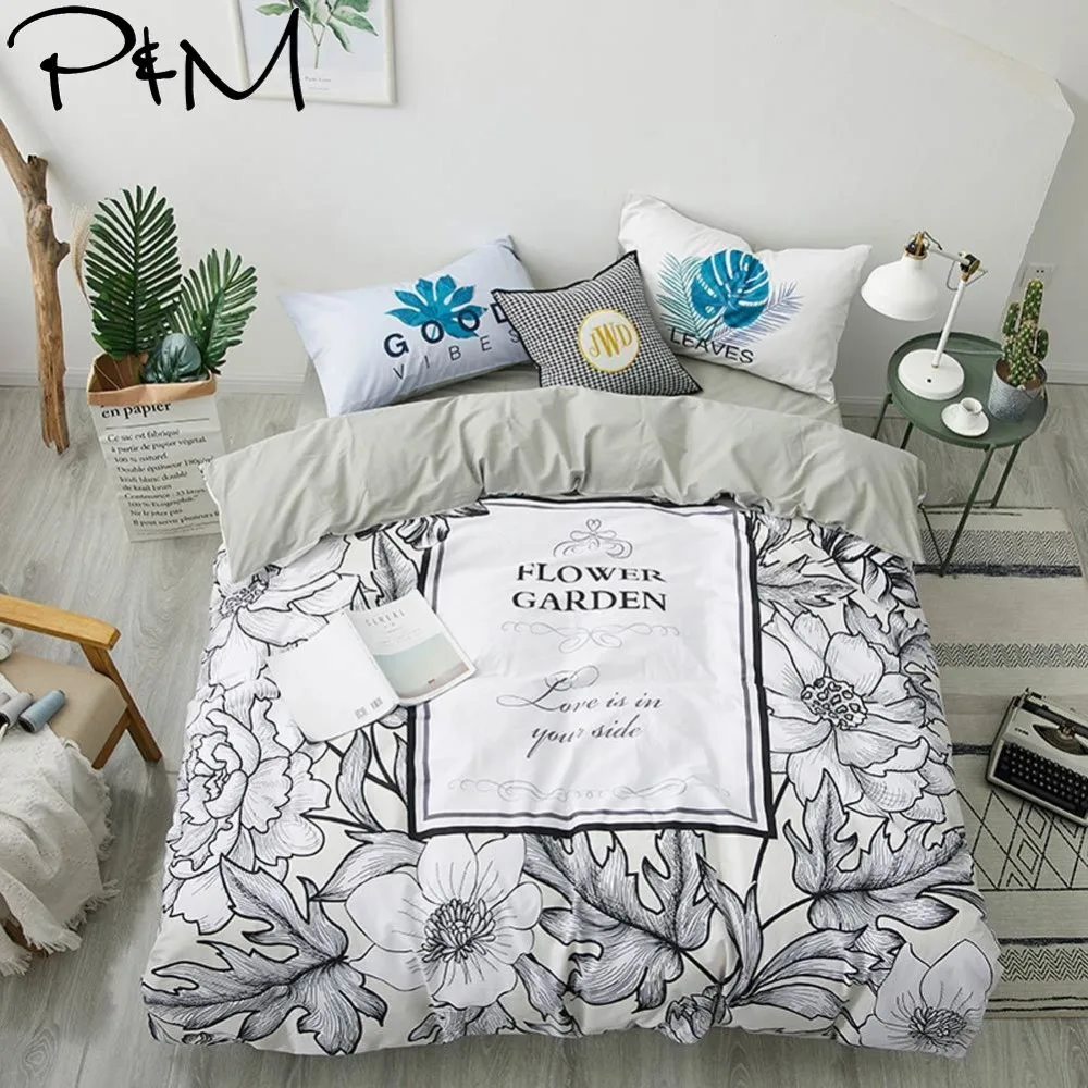 

2019 PAPA&MIMA Grey White Flowers 3/4pcs Bedding Set Bedlinens Twin Queen Size Cotton Bedsheet Duvet Cover Set Pillowcases