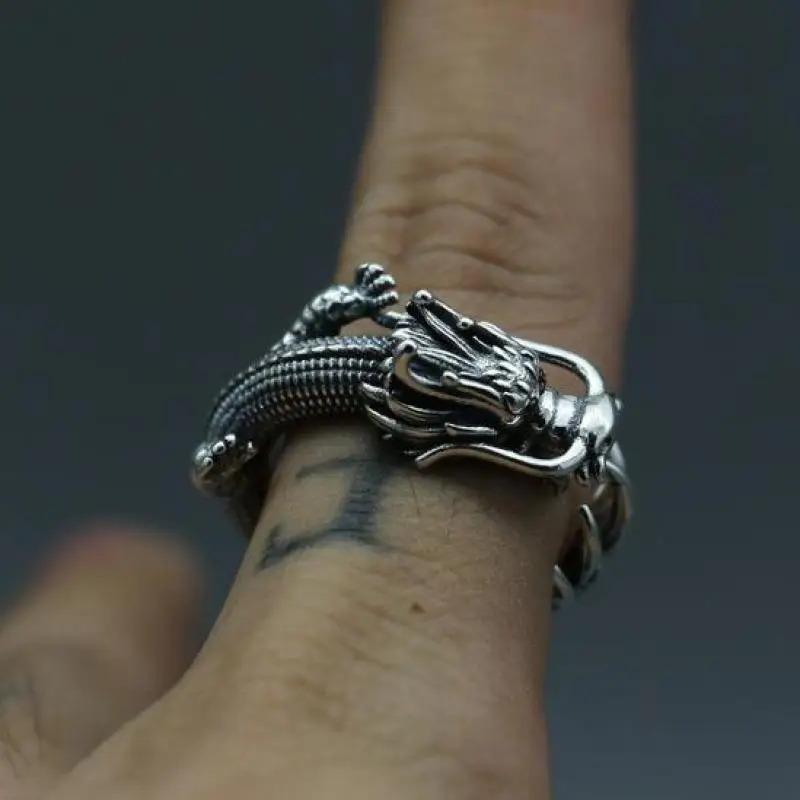 Настоящее твердое 925 Серебряное кольцо с драконом, Ретро стиль, для мужчин, открытый размер, регулируемые тайские серебряные кольца, мужские аксессуары, ювелирные изделия