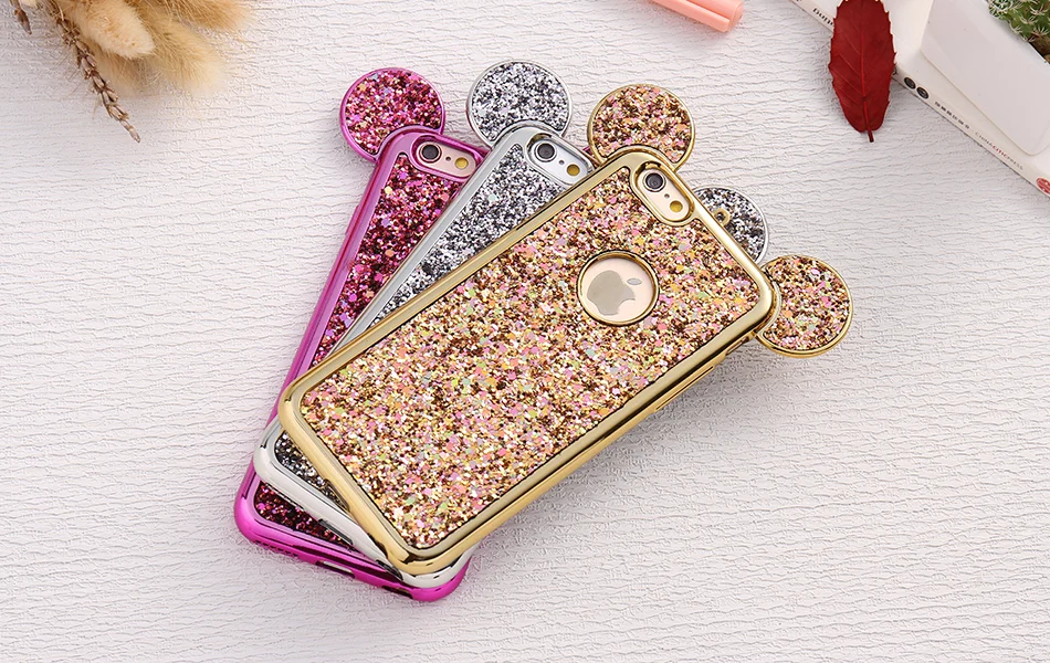 New Kisscase Bling блестка чехол для iPhone 5S 5 SE iPhone SE X 6 6 S 7 Plus Прекрасный Микки уха покрытие рамки Мягкая силиконовая задняя крышка чехол на айфон X 5s 5 se чехол на айфон 6s Plus 6s Plus 7 Plus