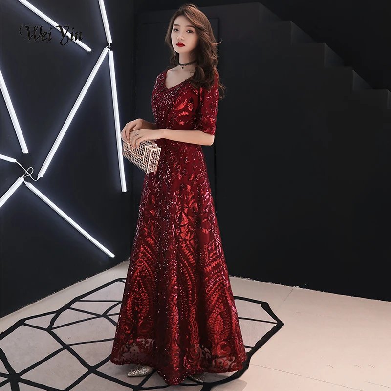 

weiyin Robe De Soiree 2019 Wine Red The Elegant V-neck A-line Half Sleeve Evening Gown Wine Red Sequin Vintage Evening Dresses