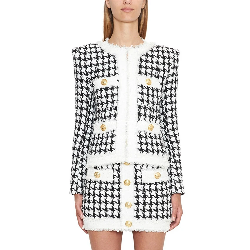 

HIGH STREET Newest 2019 Fall Winter Designer Jacket Women's Zip Houndstooth Fringed Tweed Jacket Coat