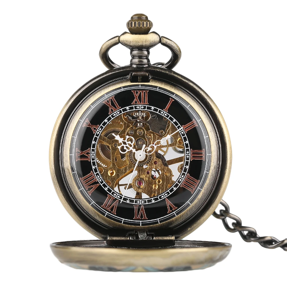 Carving Circle Flowers Pendant Pocket Watch Mens Steampunk Bronze Hand Winding Mechanical Watches Skeleton Hand Around Clock1 (1)