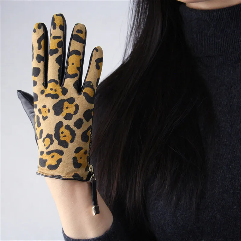 Genuine Leather Leopard Women Gloves Female Five Finger Touchscreen Sheepskin Suede Short Style Zipper Design Warm Lined TB09