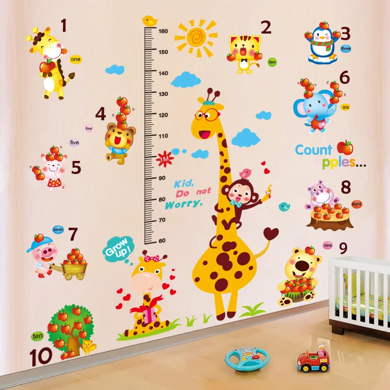 

[shijuekongjian] Giraffe Height Measure Wall Stickers DIY Apples Animals Mural Decals for Kids Rooms Baby Bedroom Decoration