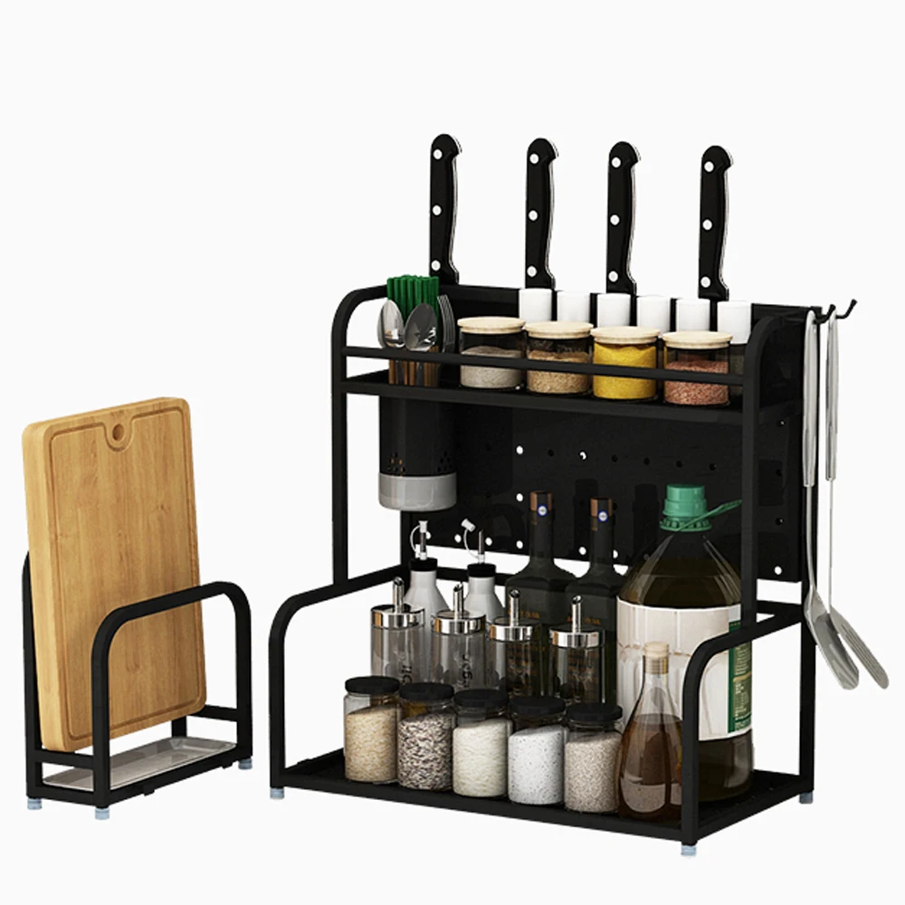 

Black Stainless Steel Kitchen Rack Floor Double-layer Storage Household Space Knife Holder Seasoning Spice Rack