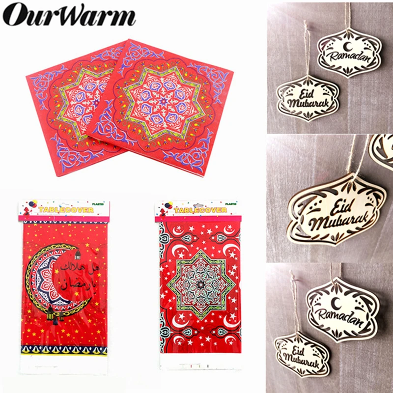 OurWarm Eid Мубарак мусульманский ислам PE скатерть с салфетками Луна Звезда