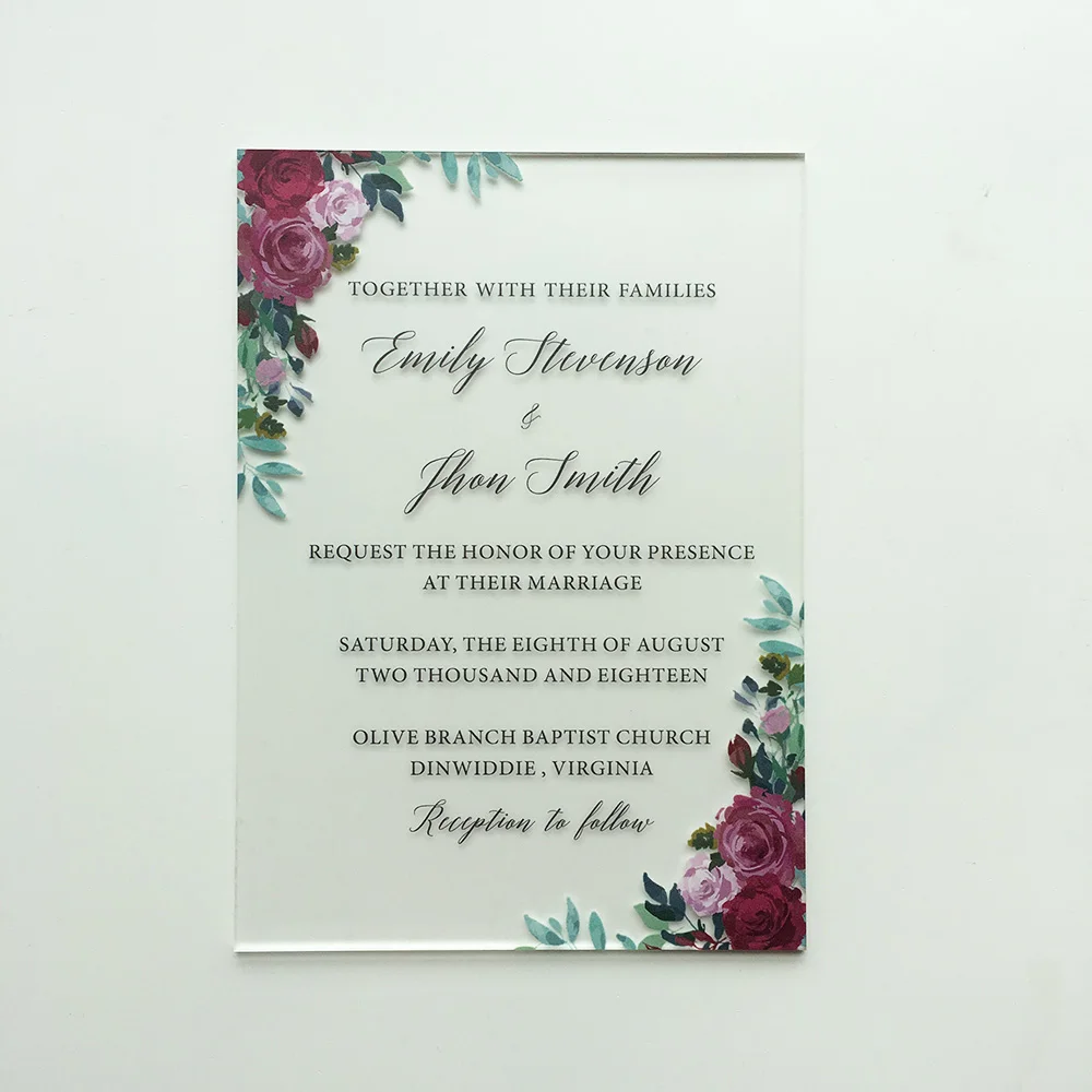  50 Sets Per Lot Burgundy Floral Watercolor Style 5x7inch Frosted Acrylic Wedding Invitation Card - 32871211659