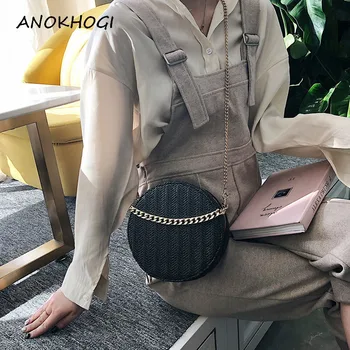 

2019 Straw Woven Bohemia Style Women Shoulder Bags Metal Chain Black Circle Crossbody Bag Khaki Handbags B348