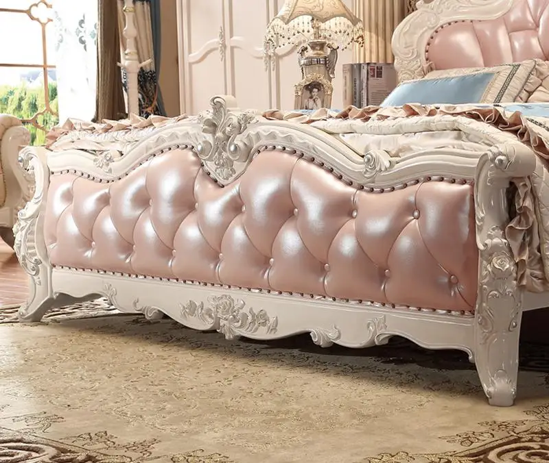 Solid Wood Pink Color French Style Luxury Bedroom Furniture Sets leather bed