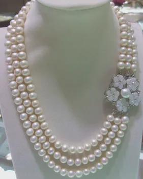 

wholesale high quality natural AA 9-10mm white freshwater pearl and nice flower shell clasp necklace ##a
