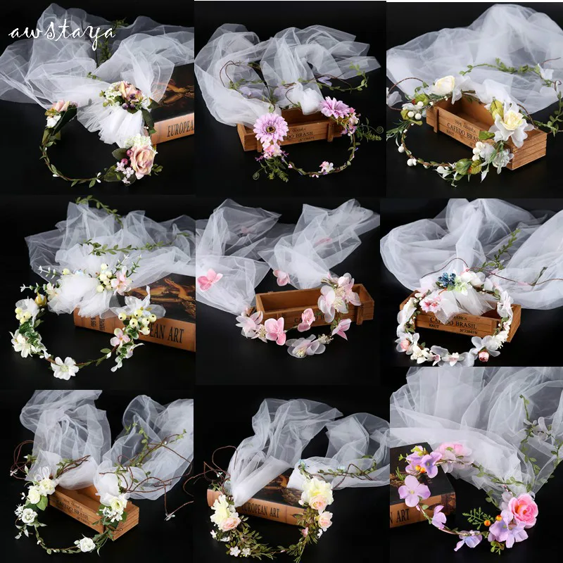 

Women Various Style Bohemia Handmade Flower Crown Wedding Veil Wreath Bridal Headdress Headband Hair Band Hair Band Accessories