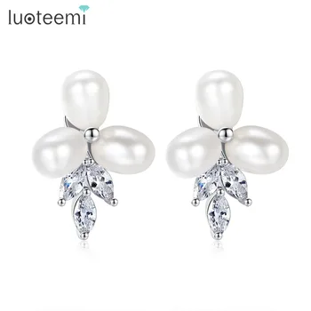 

LUOTEEMI Luxury Genuine 3pcs Natural Pearl Stud Earrings for Women Wedding Bridal White Gold Color Jewelry Christmas Gifts