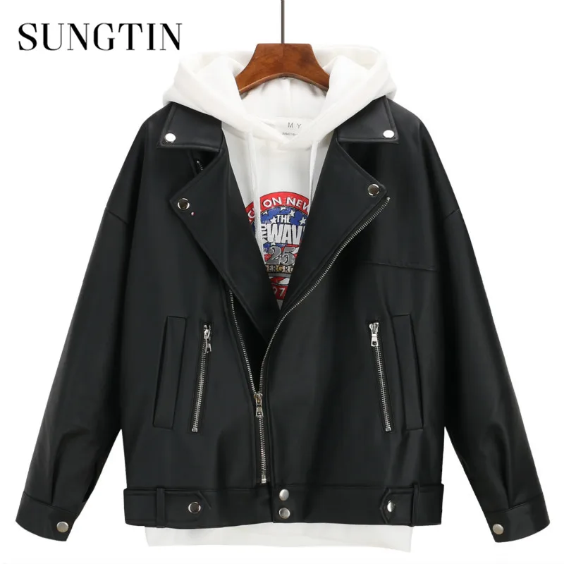 

Sungtin Soft Loose PU Leather Jacket Women Black Biker Motorcycle Coat Short Faux Leather Streetwear Female Punk Boyfriend Style