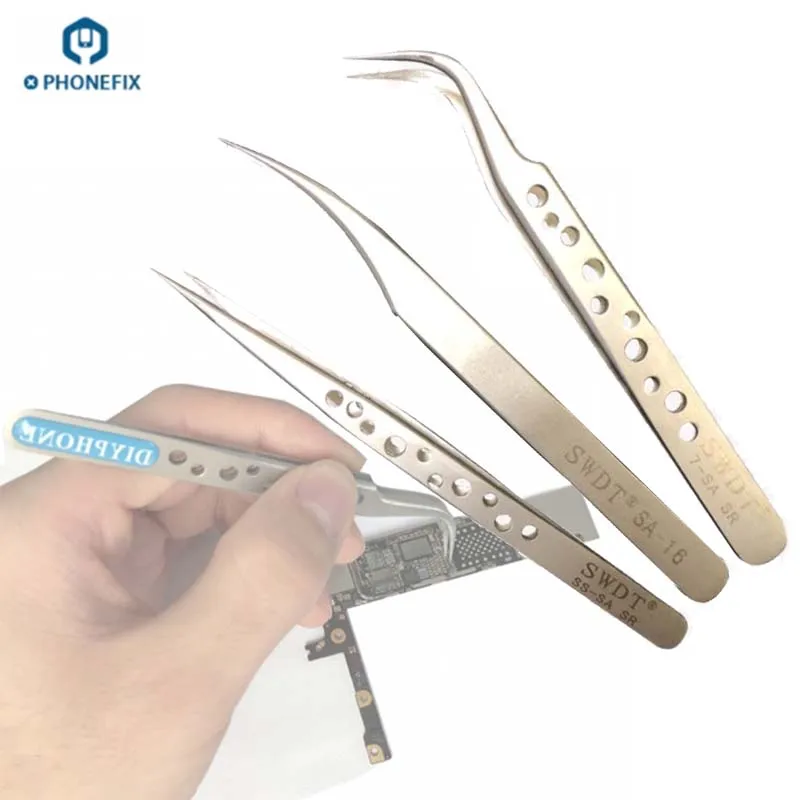 

PHONEFIX Antistatic stainless steel tweezer Straight curved tip anti-acid tweezer Jump wire picker for phone motherboard repair