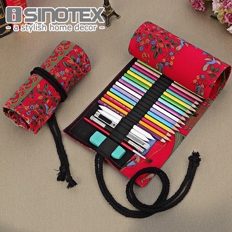 

36/48/72 Holes Pencil Wrap Portable Canvas Roll Up Trees Pen Case Students Stationary Pouch For Painting School Supplies
