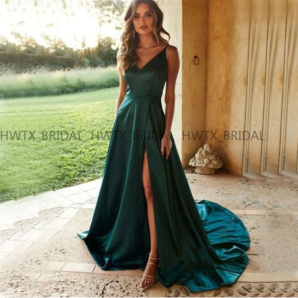 

Sexy High Slit Prom Dresses 2019 Arabic Long A Line Spaghetti Strap Dark Green Elastic Satin Vestidos de fiesta Evening Gown