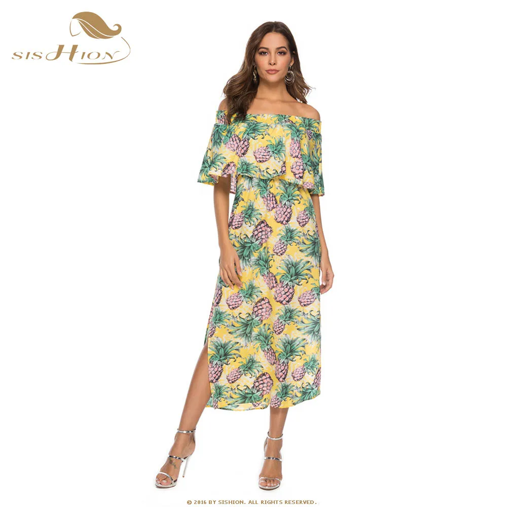 SISHION نصف كم الصيف الشاطئ اللباس SD0301 مائل الرقبة الأصفر ضوء الأزرق الشيفون الأناناس طباعة طويل البوهيمي اللباس
