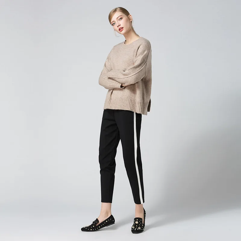 Women Sweater Solid Color Round Neck Loose Knitted Pullover Sweater Casual Style Autumn Winter Khaki