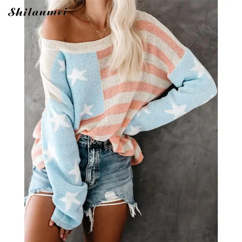

2019 Autumn Women Sweater American Flag Printing Knitwear Long Sleeve O Neck Knitting Pullovers Fashion Streetwear New Sweater