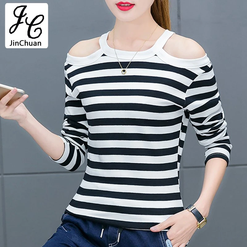 2017 Invierno Blusas Mujer Camisa de Blanco Y Negro Camiseta de Manga Larga Hombro Frío Tops Mujeres Blusas de Gran Tamaño|women blouses|blouse sizeshirt lady - AliExpress