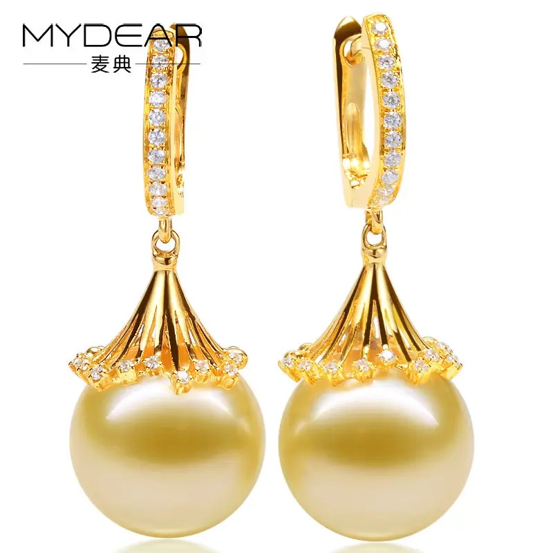 

MYDEAR Fine Pearl Jewelry Real Gold Hoop Earrings 11-12mm Natural Golden Southsea Pearls Earrings For Women,2017 New Arrival