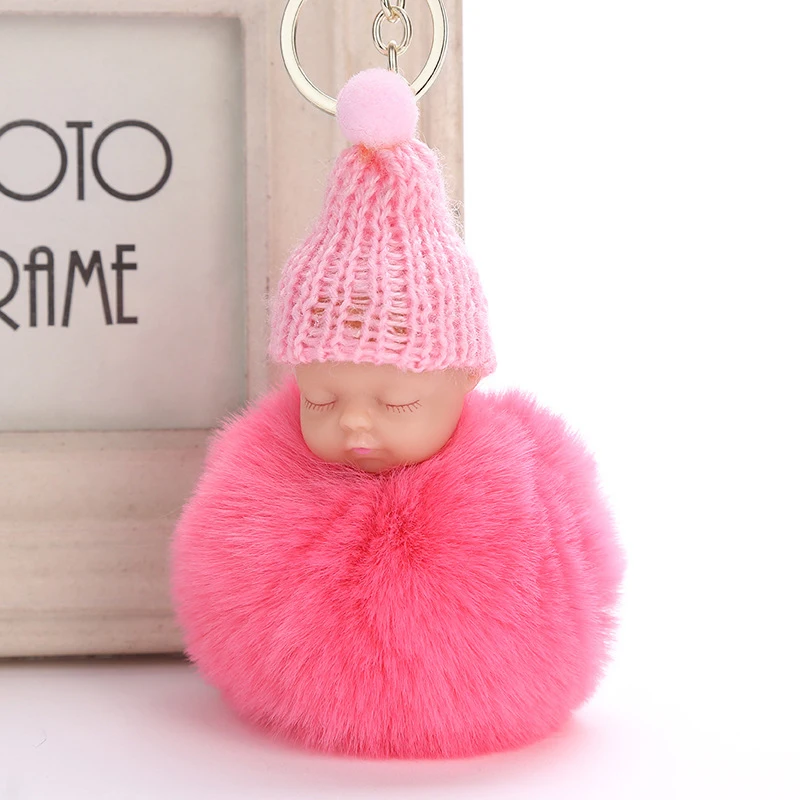 

Sleeping Baby Doll Pompom Key Chain Rabbit Fur Ball Car Bag Pendant Sweet Keychain Women Charm Keyring Accessories Jewelry Gift