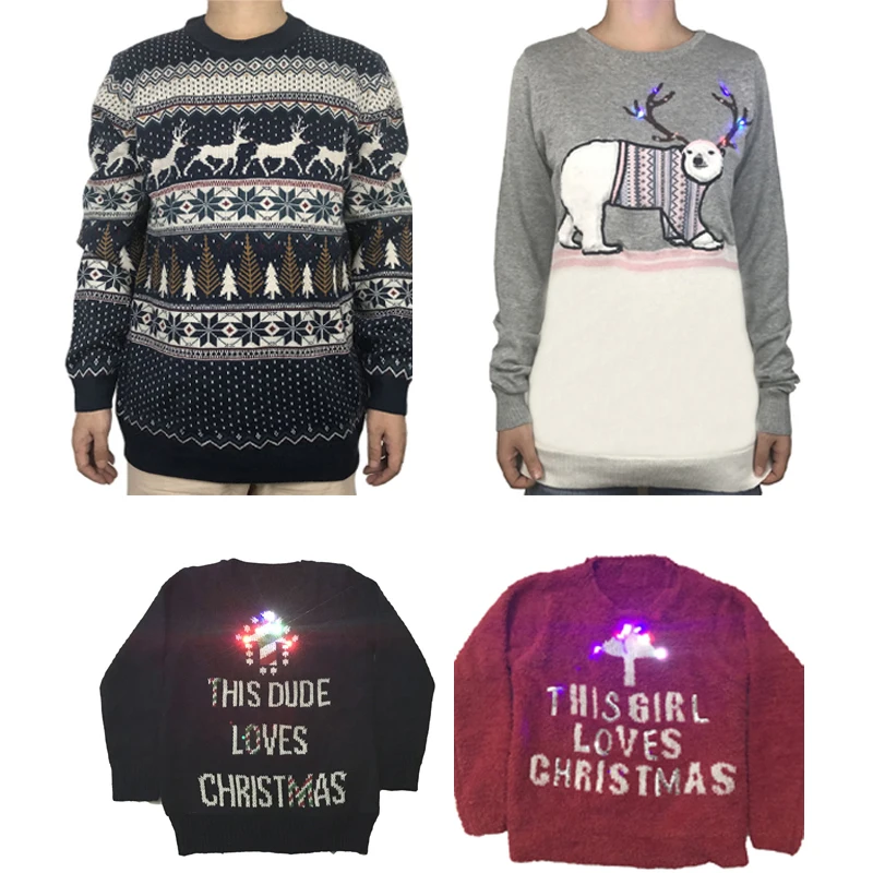 Funny Knitted Light Up Family Matching Christmas Sweater Kawaii Knit Lights Up Couples Matching Xmas Pullover Jumper Oversized 1