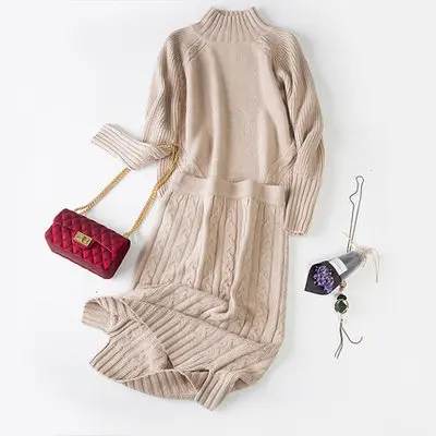 LHZSYY Осень Зима кашемировый свитер сплошной цвет двухкомпонентная посылка модная длинная юбка женские свитера шерстяной комплект высокого качества - Цвет: Хаки