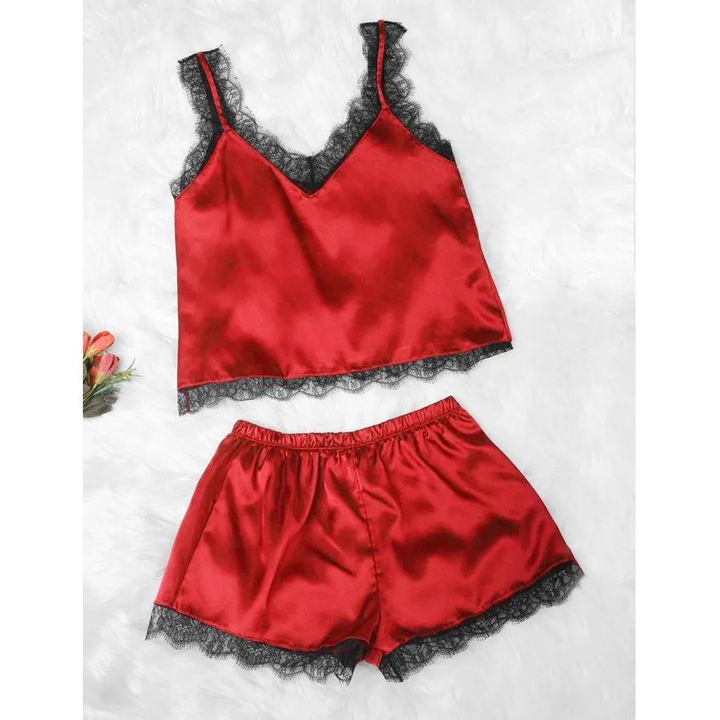 

Spandex Sexy Lace Patchwork Satin Wire Free pijamas para as mulheres Four Seasons Comfortable Fashionable Sleeping pigiami donna