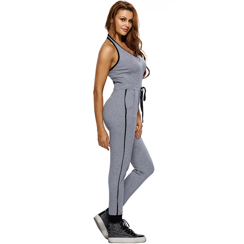 

2019 Sexy Backless Gym Fitness Jumpsuit Sportswear Outfit Adjust Waist One Pcs Yoga Set Gray Women's Running Tracksuit