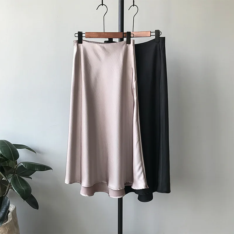 2019 новые атласные юбки с высокой талией женские бедра-обернутые винтажные женские платья юбка однотонная Ретро длинная юбка женская