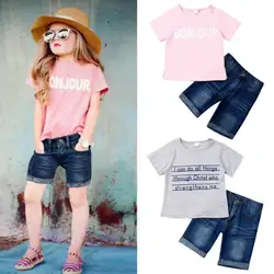 2019 комплект летней одежды для маленьких девочек, модная футболка с короткими рукавами и надписью Джинсовый комплект шорт для детей, одежда