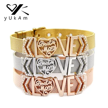 

YUKAM Keeper Jewelry Crystal Love Best Mom Heart Slide Charms Keeper Bracelets Bangles Stainless Steel Mesh Bracelets for Women