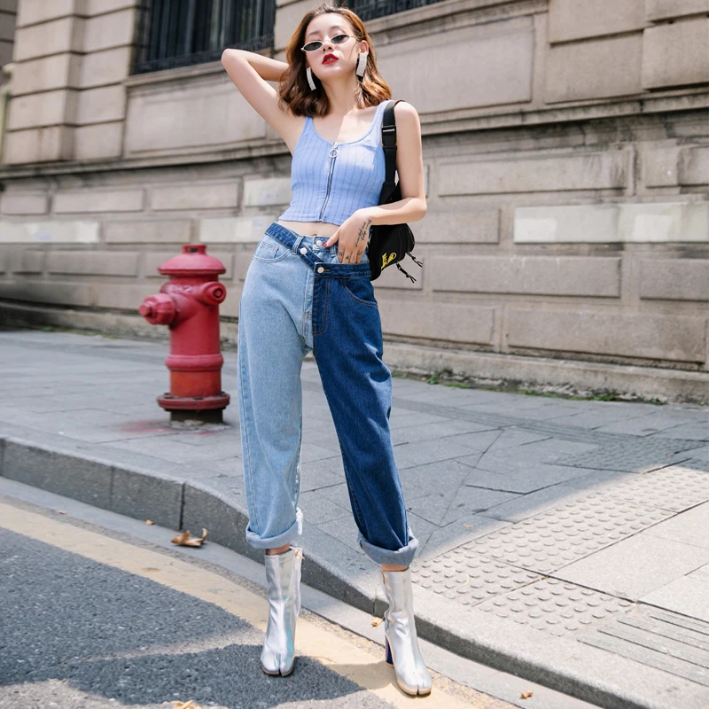 High Waist Patchwork Hit Color Detachable Blue Jeans Straight Denim Pants Women