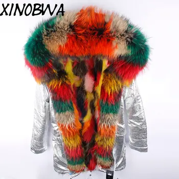 

Women Winter Removable Large Natural Fur Collar Jackets Silver Coats Female Real Thick Warm Raccoon Fur Liner Waterproof Parkas